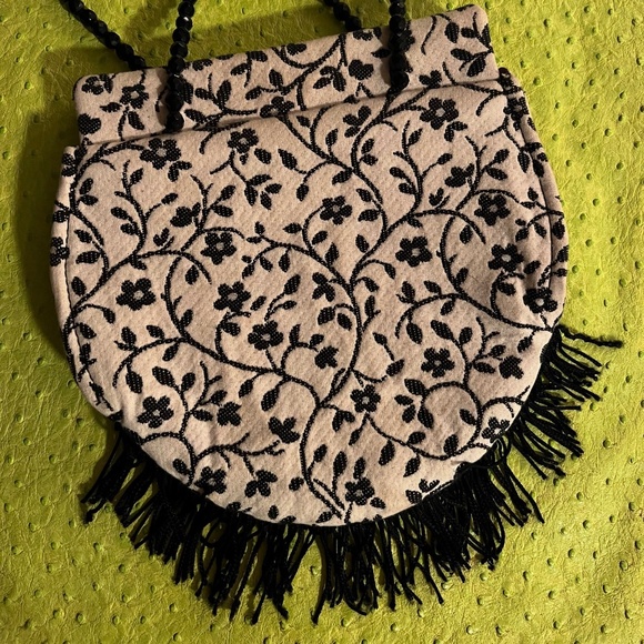 MENA New York Black & White Embroidered W/ Fringe and Beaded Handle Mini Purse - Picture 3 of 8